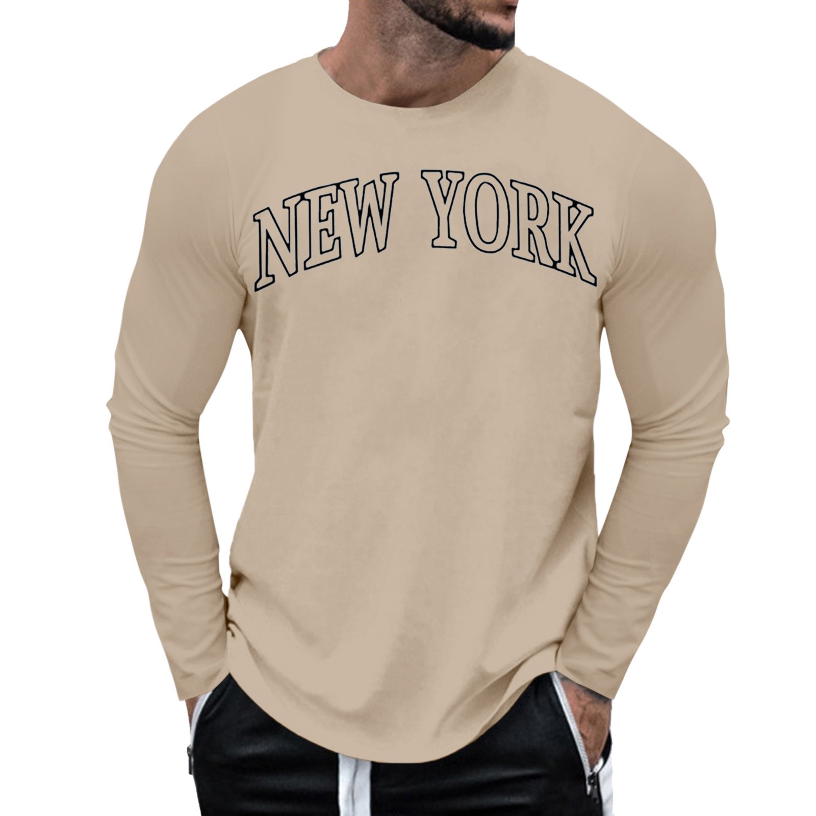 thumbnail image 4 of Camiseta informal de manga larga y cuello redondo con estampado de letras para hombre - Mezcla de poliéster suave, cuello redondo, versátil para fiestas/ocio - Tallas M-XXXL, 4 of 7